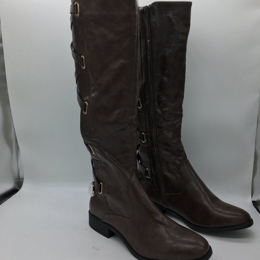 Brown Knee High Boots Low Heels Side Zipper Fall Winter Boots Shoes - Picture 2 of 10